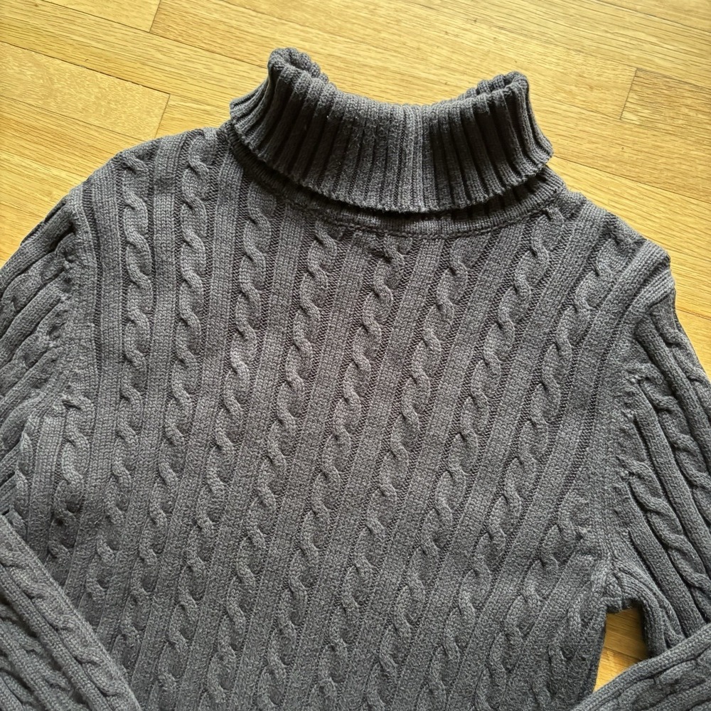 VTG LL Bean Women's Black Cable Knit Turtleneck Sweater L 100% Cotton Heritage